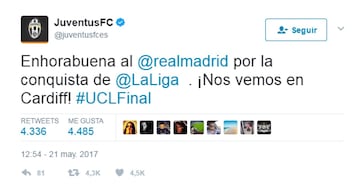 Champions League final opponents Juventus: "Congratulations to Real Madrid on winning LaLiga. See you in Cardiff!"