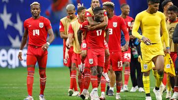 Panama's midfielder #14 Jovani Welch and Panama's forward #17 Jose Fajardo celebrate their team's victory at the end of the Conmebol 2024 Copa America tournament group C football match between Panama and USA at Mercedes Benz Stadium in Atlanta, Georgia, on June 27, 2024. (Photo by EDUARDO MUNOZ / AFP)