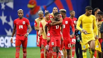 Panama's midfielder #14 Jovani Welch and Panama's forward #17 Jose Fajardo celebrate their team's victory at the end of the Conmebol 2024 Copa America tournament group C football match between Panama and USA at Mercedes Benz Stadium in Atlanta, Georgia, on June 27, 2024. (Photo by EDUARDO MUNOZ / AFP)