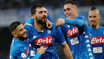 Raul Albiol celebrates scoring Napoli's goal in the San Paolo.