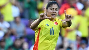 Colombia's midfielder #11 Catalina Usme celebrates her goal during MexTour 2024 Women's International Friendly football match between Mexico and Colombia at the Inter&Co Stadium in Orlando, Florida, April 6, 2024. (Photo by CHANDAN KHANNA / AFP)