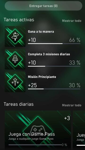 En la app de Xbox Game Pass de m&oacute;viles tenemos tareas que podemos realizar a cambio de puntos