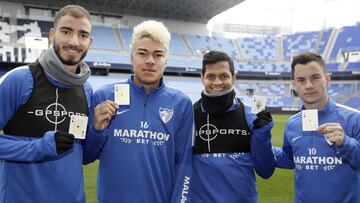 De izquierda a derecha Mikel Villanueva, Pe&ntilde;aranda, Roberto Rosales y Juanpi. Cuatro vinotintos en el M&aacute;laga. 