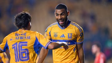 Joaquim Pereira celebrates his goal 4-1 of Tigres during the round one second leg match between Tigres UANL and Forge FC as part of the CONCACAF Champions Cup 2026, at Universitario Stadium on February 10, 2026 in Monterrey, Nuevo Leon, Mexico.