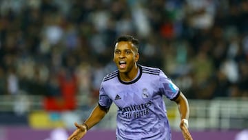 RABAT, MOROCCO - FEBRUARY 08: Rodrygo of Real Madrid celebrates after scoring his team's third goal during the FIFA Club World Cup Morocco 2022 Semi Final match between Al Ahly and Real Madrid CF at Prince Moulay Abdellah on February 8, 2023 in Rabat, Morocco. (Photo by Mohammad Karamali/DeFodi Images via Getty Images)