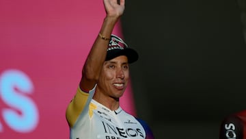 Ineos Grenadiers' Colombian rider Egan Bernal waves on stage during the opening ceremony and team presentation in Tirana, on May 7, 2025, two days before the departure of the Giro d'Italia 2025 cycling race. The Giro d'Italia 2025 cycling race will depart from Durres, Albania on May 9, and finish in Rome on June 1. (Photo by Luca Bettini / AFP)