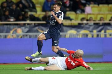 Montpellier's French defender Ruben Aguilar vies with Monaco's Italian defender Andrea Raggi during the French League Cup.