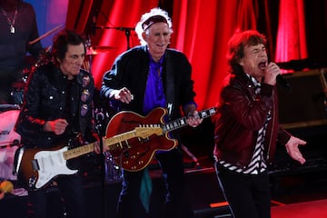 The members of the Rolling Stones Mick Jagger, Keith Richards and Ronnie Wood perform during a private record release party of their new album "Hackney Diamonds" in New York City