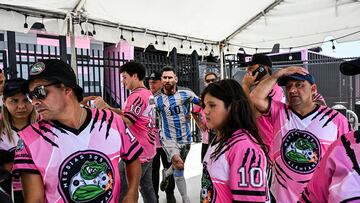 (FILES) Fans of Argentine football player Lionel Messi wait for his arrival at the DRV PNK Stadium in Fort Lauderdale, Florida, on July 11, 2023, ahead of his debut in the Major League Soccer (MLS) with Inter Miami. Without a win under its belt since May, Inter Miami is an unlikely candidate to be crowned Major League Soccer's hottest team -- but that was before Lionel Messi came to town. Since singing with the Florida club last month, the Argentine superstar has lit up anticipation around both the team and US professional soccer at large, especially among Miami's many South American residents. (Photo by CHANDAN KHANNA / AFP)