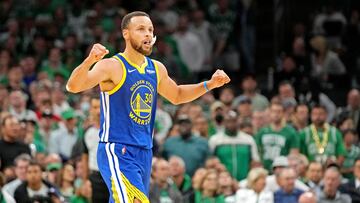 Golden State Warriors guard Stephen Curry (30) reacts after a play during the fourth quarter against the Boston Celtics in game six of the 2022 NBA Finals at TD Garden.