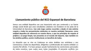 Llamamiento del Espanyol a la "responsabilidad" y a la "calma"