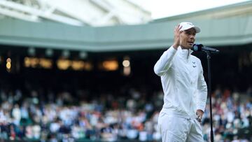 LONDON, ENGLAND - JULY 04: Rafael Nadal (ESP) during his post match interview on Centre Court during day eight of The Championships Wimbledon 2022 at All England Lawn Tennis and Croquet Club on July 4, 2022 in London, England. (Photo by Simon Stacpoole/Offside/Offside via Getty Images)