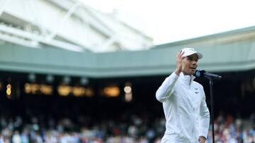 LONDON, ENGLAND - JULY 04: Rafael Nadal (ESP) during his post match interview on Centre Court during day eight of The Championships Wimbledon 2022 at All England Lawn Tennis and Croquet Club on July 4, 2022 in London, England. (Photo by Simon Stacpoole/Offside/Offside via Getty Images)