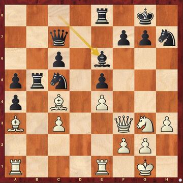 Ding sacrifica una calidad en b5 para conseguir una mayoría de peones móviles en el flanco de dama, pero Nepomniachtchi no entra al juego y come en e6.