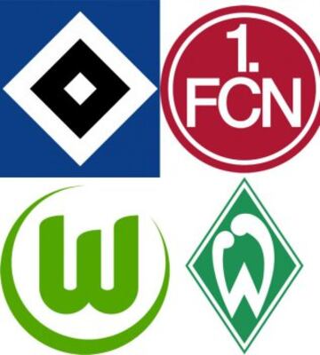 9. Hamburgo 8. Nuremberg 7. Wolfsburgo 6. Werder Bremen  "Las insignias de estos equipos es como si la Bundesliga los hiciera un día antes de que empezara la temporada. Cada club tuvo que elaborar un logo de la noche a la mañana. Werder Bremen y Wolfsburgo se parecen a un choque entre cadenas de supermercado rivales. Sin duda, la de Hamburgo es la peor.