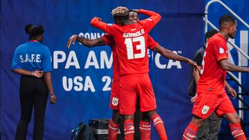 Jun 27, 2024; Atlanta, GA, USA; Panama forward Jose Fajardo (17)  reacts with  midfielder Freddy Gondola (13)  after scoring a goal against the United States during the second half at Mercedes-Benz Stadium. Mandatory Credit: Dale Zanine-USA TODAY Sports