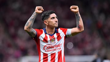 Victor Guzman celebrate this goal 3-1 of Guadalajara during the 8th round match between Guadalajara and Pumas UNAM as part of the Torneo Clausura 2024 Liga BBVA MX at Akron Stadium on February 24, 2024 in Guadalajara Jalisco, Mexico.