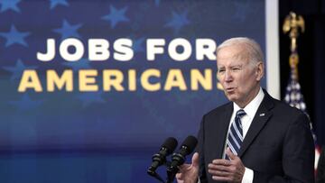 US President Joe Biden speaks in the Eisenhower Executive Office Building in Washington, DC, US, on Friday, Feb. 3, 2023. The US labor market burned red-hot in January as hiring unexpectedly surged and unemployment fell to a 53-year low, defying recession forecasts and adding pressure on the Federal Reserve to keep raising interest rates. Photographer: Yuri Gripas./Abaca/Bloomberg via Getty Images