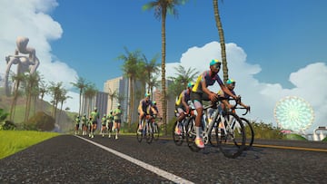 Imagen de una carrera ciclista en la plataforma virtual Zwift.