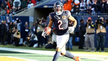 Nov 23, 2025; Chicago, Illinois, USA; Chicago Bears wide receiver DJ Moore (2) makes a touchdown catch against the Pittsburgh Steelers during the second half at Soldier Field. Mandatory Credit: Mike Dinovo-Imagn Images