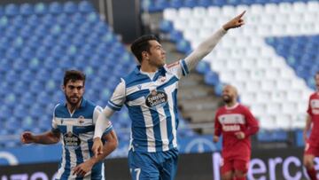 Miku, celebrando un gol con el Deportivo la pasada temporada.