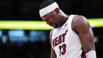 MIAMI, FLORIDA - APRIL 26: Bam Adebayo #13 of the Miami Heat reacts against the Cleveland Cavaliers during the fourth quarter in Game Three of the Eastern Conference First Round NBA Playoffs at Kaseya Center on April 26, 2025 in Miami, Florida. NOTE TO USER: User expressly acknowledges and agrees that, by downloading and or using this photograph, User is consenting to the terms and conditions of the Getty Images License Agreement. Rich Storry/Getty Images/AFP (Photo by Rich Storry / GETTY IMAGES NORTH AMERICA / Getty Images via AFP)
