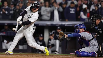 NEW YORK, NEW YORK - OCTOBER 29: Alex Verdugo #24 of the New York Yankees connects for an RBI single during the second inning of Game Four of the 2024 World Series against the Los Angeles Dodgers at Yankee Stadium on October 29, 2024 in the Bronx borough of New York City.   Elsa/Getty Images/AFP (Photo by ELSA / GETTY IMAGES NORTH AMERICA / Getty Images via AFP)