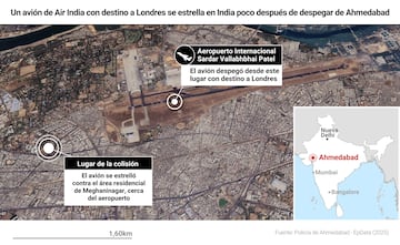 Mapa con localizaci車n del avi車n que se ha estrellado en India. Un avi車n de Air India que cubr赤a la ruta entre la ciudad india de Ahmedabad y la capital de Reino Unido, Londres, se ha estrellado este jueves poco despu谷s de su despegue, seg迆n ha confirmado la aerol赤nea.
