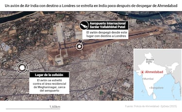 Mapa con localización del avión que se ha estrellado en India. Un avión de Air India que cubría la ruta entre la ciudad india de Ahmedabad y la capital de Reino Unido, Londres, se ha estrellado este jueves poco después de su despegue, según ha confirmado la aerolínea.