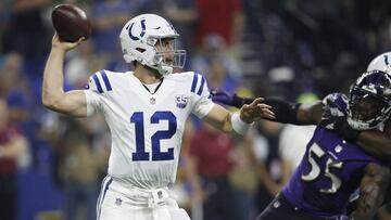 INDIANAPOLIS, IN - AUGUST 20: Andrew Luck #12 of the Indianapolis Colts throws a pass in the first quarter of a preseason game against the Baltimore Ravens at Lucas Oil Stadium on August 20, 2018 in Indianapolis, Indiana.   Joe Robbins/Getty Images/AFP
 == FOR NEWSPAPERS, INTERNET, TELCOS &amp; TELEVISION USE ONLY ==