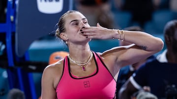 Mar 26, 2026; Miami Gardens, FL, USA; Aryna Sabalenka of Belarus celebrates her victory over Elena Rybakina of Kazakhstan in the semi-finals of the women’s singles at the Miami Open at the Hard Rock Stadium. Mandatory Credit: Mike Frey-Imagn Images