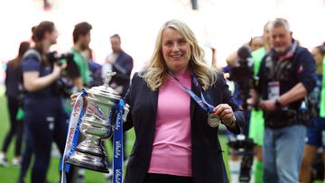 FILE PHOTO: Soccer Football - Women's FA Cup - Final - Chelsea v Manchester United - Wembley Stadium, London, Britain - May 14, 2022 Chelsea manager Emma Hayes celebrates with the trophy after winning the Women's FA Cup Action Images via Reuters/Paul Childs/File Photo