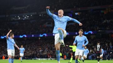 Soccer Football - Champions League - Round of 16 - Second Leg - Manchester City v RB Leipzig - Etihad Stadium, Manchester, Britain - March 14, 2023 Manchester City's Erling Braut Haaland celebrates scoring their fifth goal REUTERS/Carl Recine