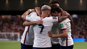 AUSTIN, TEXAS - OCTOBER 07: Ricardo Pepi #16 of the United States celebrates with Paul Arriola #7 of the United States and Antonee Robinson #5 of the United States after scoring against Jamaica in the second half of a 2022 World Cup Qualifying match at Q2