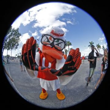 La mascota de los Miami Hurricanes, posando frente Estadio Sun Life antes del partido contra los Bearcats de Cincinnati