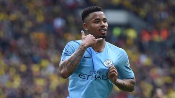 Gabriel Jes&uacute;s celebra un gol con el City en la final de la FA Cup