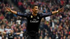 MUNICH, GERMANY - APRIL 12:  Cristiano Ronaldo #7 of Real Madrid celebrates after he scores his team&#039;s 2nd goal during the UEFA Champions League Quarter Final first leg match between FC Bayern Muenchen and Real Madrid CF at Allianz Arena on April 12,