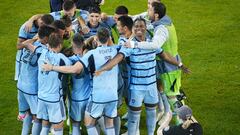 Oct 25, 2023; Kansas City, KS, USA; The Sporting Kansas City celebrate defeating the San Jose Earthquakes in a round of penalty kicks in the Western Conference Wild Card match of the 2023 MLS Cup Playoffs at Children's Mercy Park. Mandatory Credit: Jay Biggerstaff-USA TODAY Sports