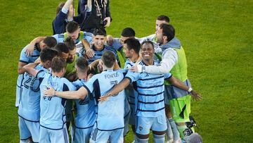 Oct 25, 2023; Kansas City, KS, USA; The Sporting Kansas City celebrate defeating the San Jose Earthquakes in a round of penalty kicks in the Western Conference Wild Card match of the 2023 MLS Cup Playoffs at Children's Mercy Park. Mandatory Credit: Jay Biggerstaff-USA TODAY Sports