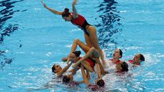 El equipo espa&ntilde;on de nataci&oacute;n sincronizada, durante los Mundiales de Nataci&oacute;n de Gwangju 2019.