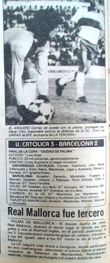 En la final, jugada en el estadio Lluís Sitjar de Mallorca, la UC venció 3-2 a Barcelona. Anotaron Jorge Aravena Plaza (2) y Osvaldo Hurtado, descontando Esteban y Pichi Alonso.