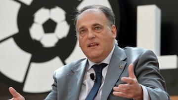 Javier Tebas, president of La Liga speaks during the official launch of Spanish Football League La Liga office in Singapore.