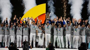 Mar 21, 2023; Miami, Florida, USA; Team Japan celebrates defeating the USA in the World Baseball Classic at LoanDepot Park. Mandatory Credit: Rhona Wise-USA TODAY Sports