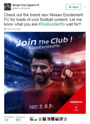 Manchester City's Sergio Ag¨¹ero picks up about 50,000 euros for every advertising tweet.