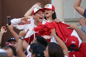 MOSCOW, RUSSIA - JUNE 15:  Football fans from Peru sing songs and enjoy the party atmosphere of The World Cup in Nikolskaya Street, near Red Square on June 15, 2018 in Moscow, Russia. Russia won the opening game of the tournament against Saudi Arabia 5-0.  (Photo by Christopher Furlong/Getty Images)