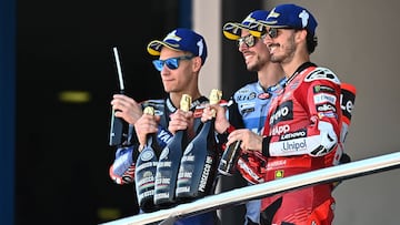 Álex Márquez, Pecco Bagnaia y Fabio Quartararo en el podio del GP de Jerez de MotoGP.