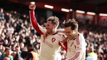 Soccer Football - Premier League - Nottingham Forest v Liverpool - The City Ground, Nottingham, Britain - February 22, 2026 Liverpool's Alexis Mac Allister celebrates scoring a goal that was later disallowed with Federico Chiesa REUTERS/Chris Radburn EDITORIAL USE ONLY. NO USE WITH UNAUTHORIZED AUDIO, VIDEO, DATA, FIXTURE LISTS, CLUB/LEAGUE LOGOS OR 'LIVE' SERVICES. ONLINE IN-MATCH USE LIMITED TO 120 IMAGES, NO VIDEO EMULATION. NO USE IN BETTING, GAMES OR SINGLE CLUB/LEAGUE/PLAYER PUBLICATIONS. PLEASE CONTACT YOUR ACCOUNT REPRESENTATIVE FOR FURTHER DETAILS..