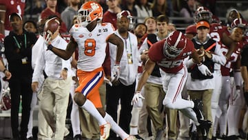 SANTA CLARA, CA - JANUARY 07: Justyn Ross #8 of the Clemson Tigers makes a catch against Josh Jobe #28 of the Alabama Crimson Tide during the third quarter in the CFP National Championship presented by AT&amp;T at Levi&#039;s Stadium on January 7, 2019 in