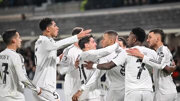 Bergamo, Italy - December 10: Kylian Mbappe of Real Madrid CF celebrates after scoring his team's first goal with teammates during the UEFA Champions League 2024/25 League Phase MD6 match between Atalanta BC and Real Madrid C.F. at Gewiss Stadium on December 10, 2024 in Bergamo, Italy. (Photo by Harry Langer/DeFodi Images via Getty Images)