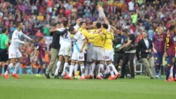 El Deportivo celebra la permanencia en el Camp Nou.